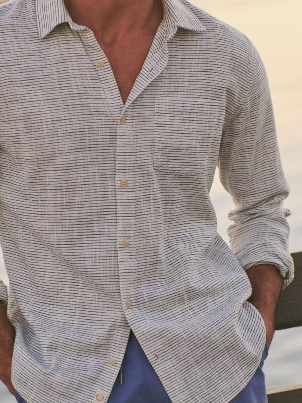 Marine Layer Selvage 100% Cotton Shirt Size Larger Natural Blue Long Sleeve